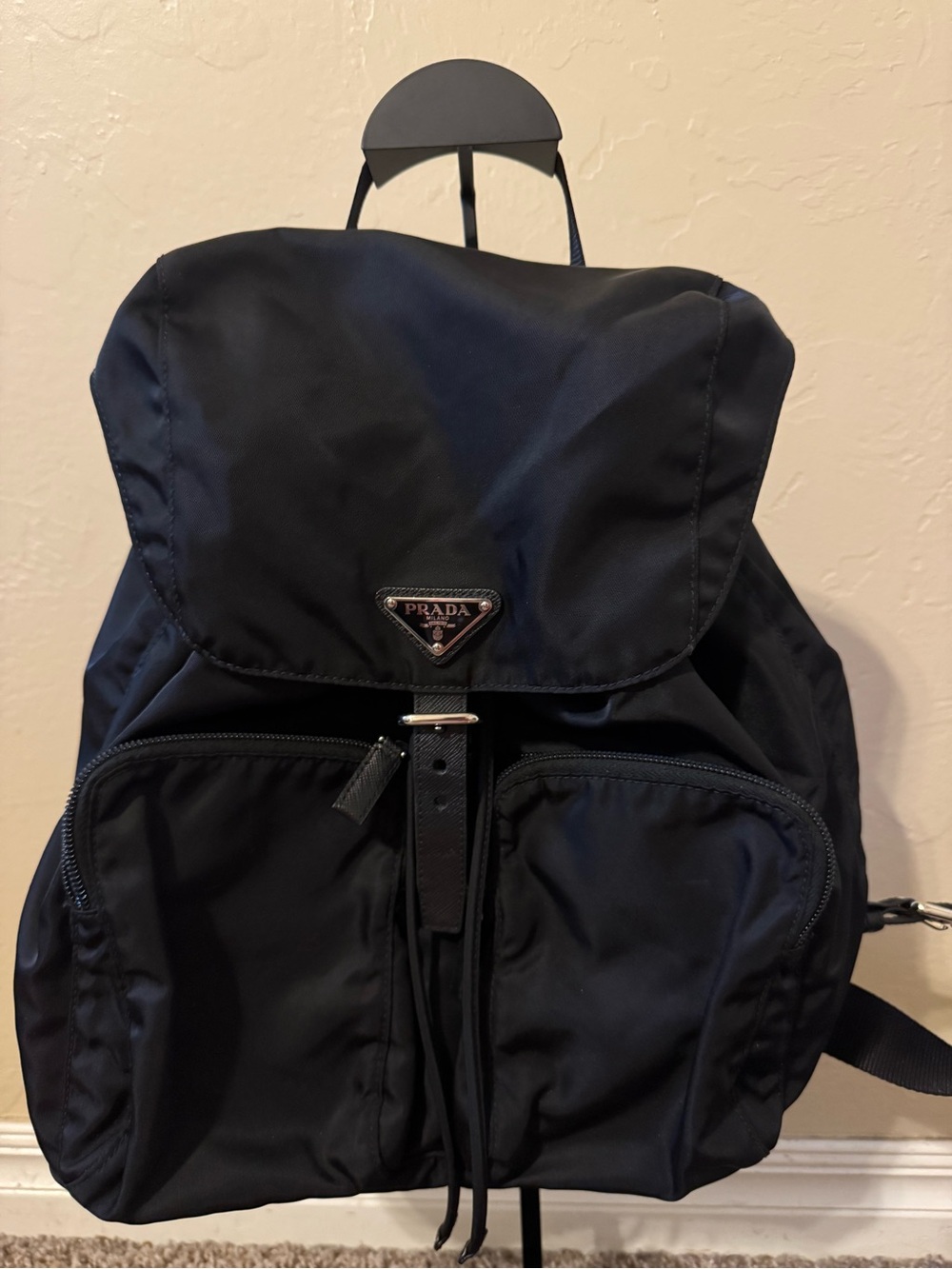 Prada Black Nylon Backpack with Front Pockets